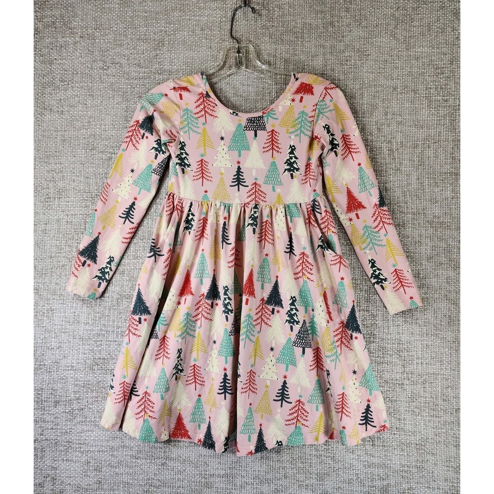 Hanna Anderson Pink Christmas Tree Dress Girls 10 Organic Cotton Long Sleeve